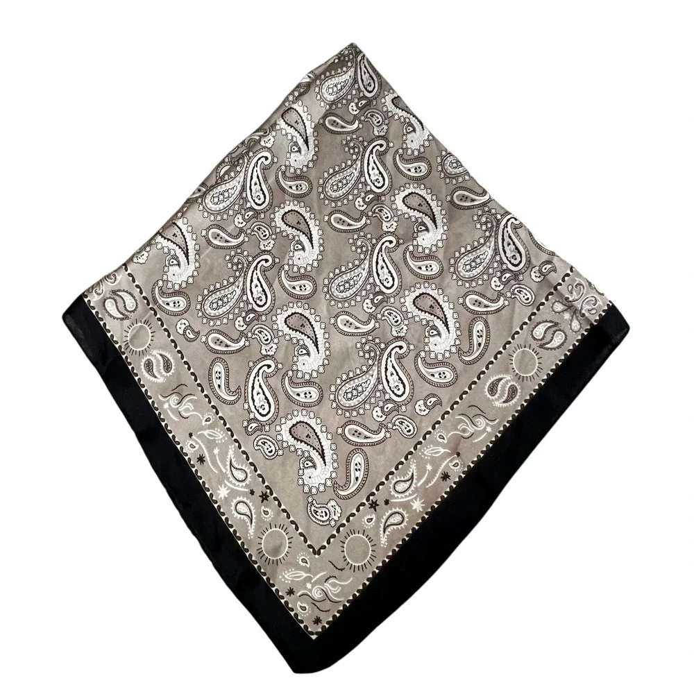 Paisley Silk Feeling Polyester Scarf Beige Cream Brown Border Pocket Square Hair